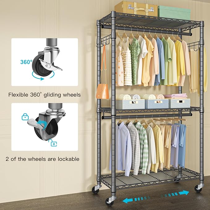 P1 Heavy Duty Garment Rack, 3 Tiers Adjustable Rolling Metal Closet Organizer with Lockable Wheels, FreeStanding Wardrobe with Double Hanger Rods & 1 Pair Hooks, Max Load 450 LBS, Gray