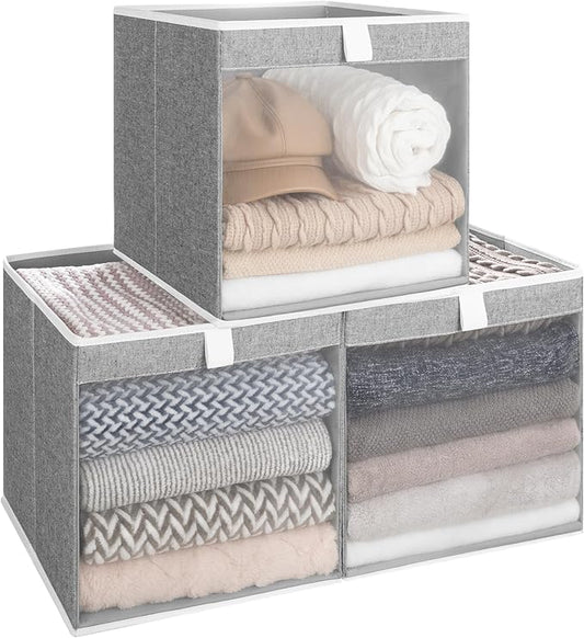 StorageWorks 13x13 Storage Cubes, Closet Storage Bins with Clear Window, Large Fabric Organizer for Clothes, Collapsible Storage Baskets with Handles, Gray, 3-Pack