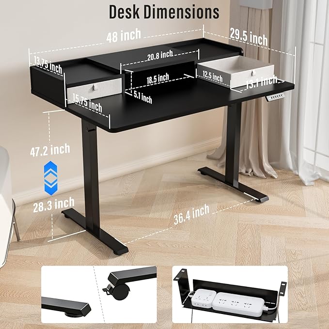 Standing Desk with Drawers,Thickened Table Legs Sit Stand Desk Electric for Home Office & Gaming,Ergonomic Stand Up Desk Cable Management Tray(Classic Black) (Classic Black, 48″ x 30″)
