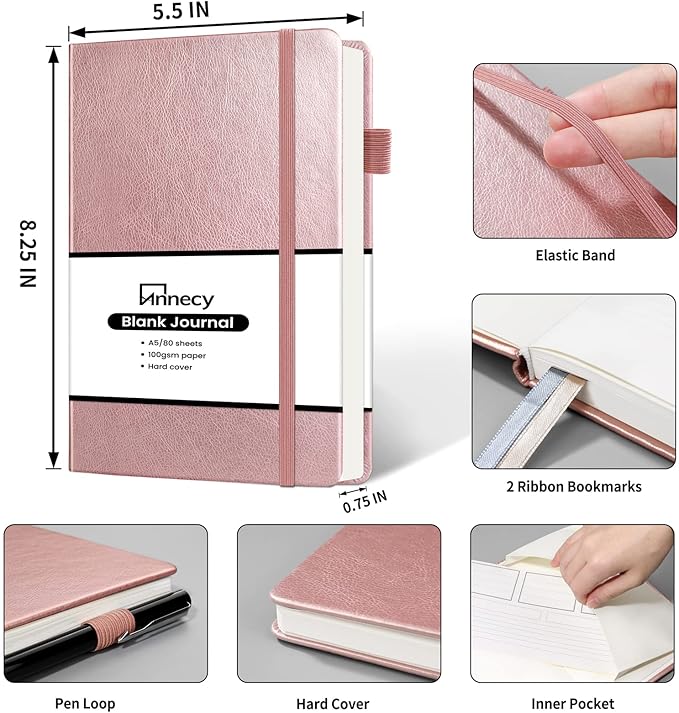 Annecy Blank Journal Notebook, Medium 5.5x 8.25, 160 Pages 100GSM Writing Paper, A5 Rose Gold Faux Leather Cover with Pen Loop