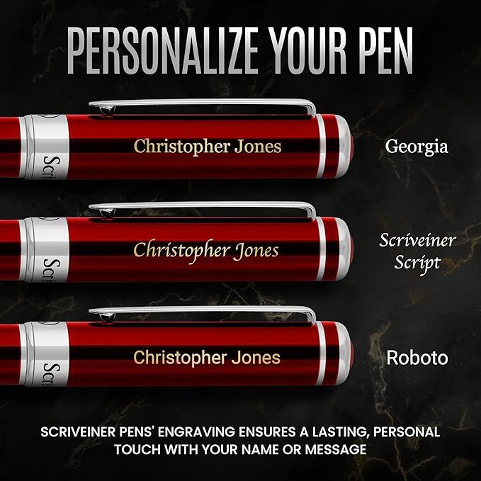 Scriveiner Personalized Deep Crimson Red Pen - Stunning Red Lacquer Luxury Pen with Chrome Finish, Schmidt Ink Refill, Best Engraved Roller Ball Gift Set for Men & Women, Custom Name Engraving