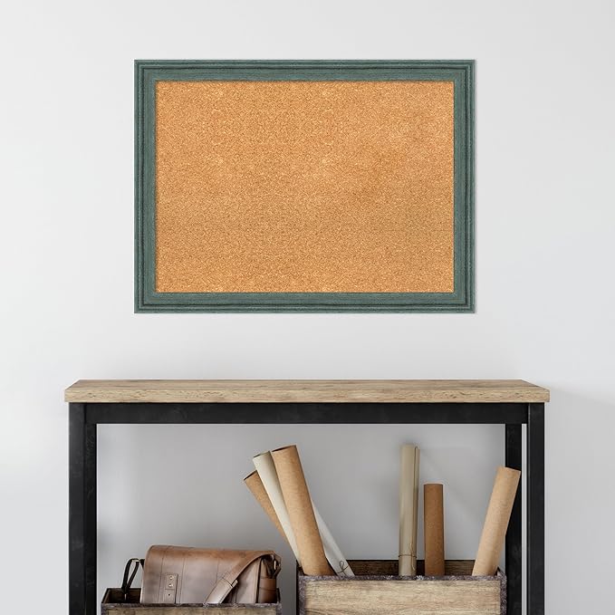 Amanti Art Natural Cork Board for Wall, 23x31 Vision Board with Blue Wood Frame, Medium Corkboard Office Decor for Home Organization, Rustic Farmhouse Corkboard Pinboard to display items for home