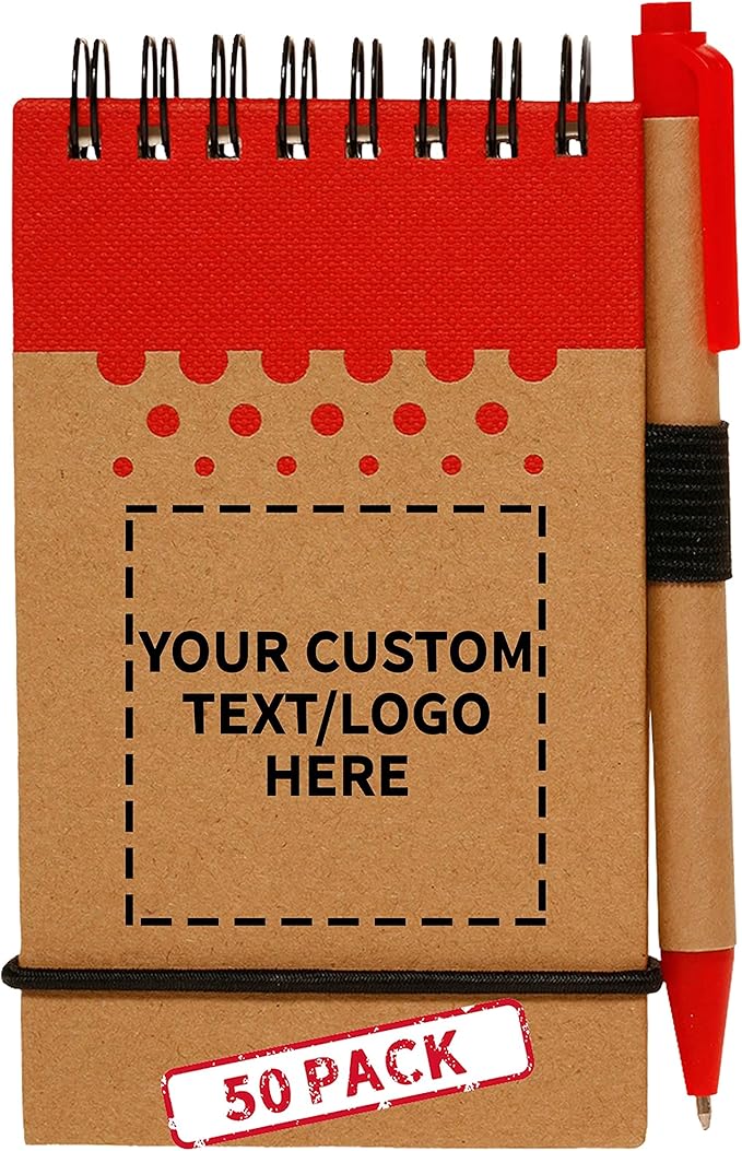 DISCOUNT PROMOS 50 Recyclable Spiral Small Notebooks Pack - Customizable Text, Logo - 60 Lined Pages - Red