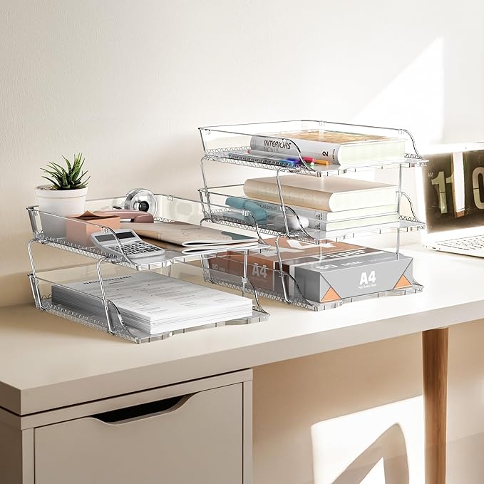 Simple Houseware 2-Tier Clear Stackable Letter Tray Organizer – Desktop File Holder for A4/Letter Size Paper, Document Sorter, Office Desk Paper Organizer, Transparent File Storage