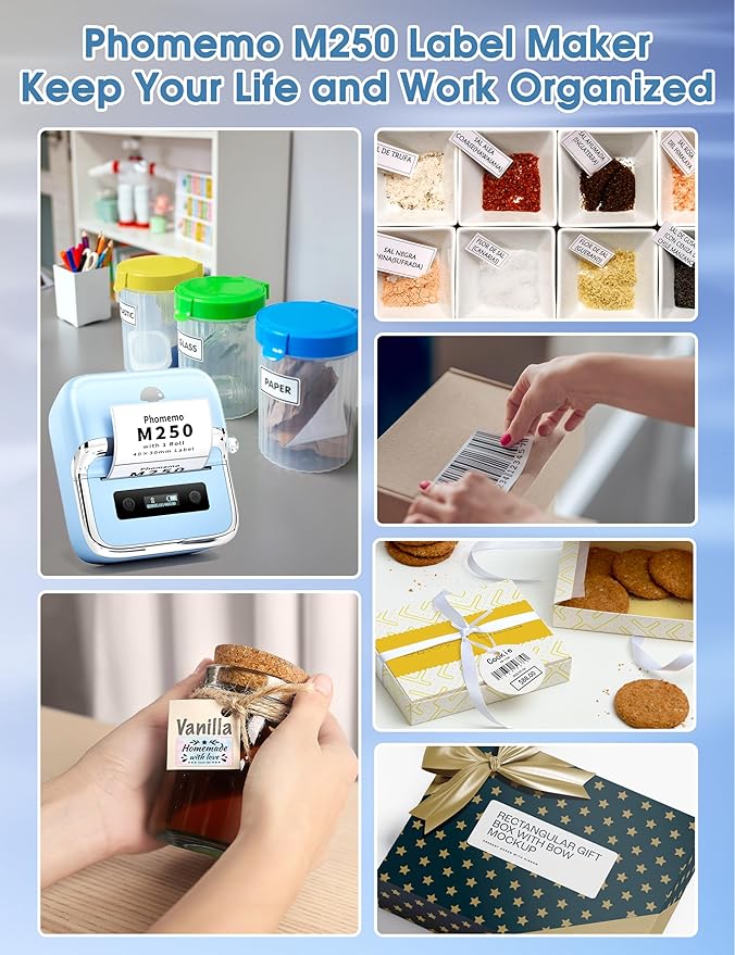 Phomemo M250 Label Maker, 3" Thermal Barcode & Address Printer - Portable Label Maker for Business, Home & Logos, Sticker Printer Compatible with Phones & PCs, with 100 Labels, 40x30mm