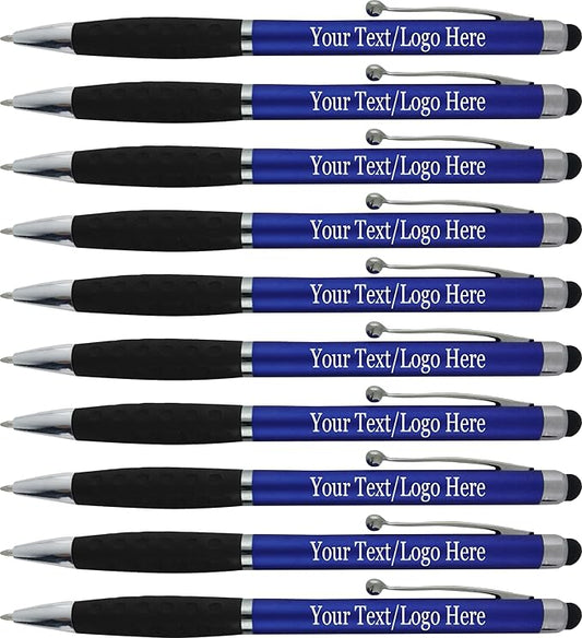 Personalized Pens With your Custom Logo or Text-600 Pack Bulk-for Businesses, Parties, and Events, 2 in 1 Ballpoint Pen & Stylus Compatible with Touchscreen Devices, Blue Barrel, Black Ink