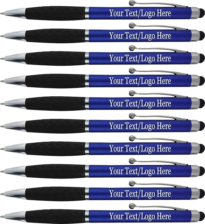 Personalized Pens With your Custom Logo or Text-300 Pack Bulk-for Businesses, Parties, and Events, 2 in 1 Ballpoint Pen & Stylus Compatible with Touchscreen Devices, Blue Barrel, Black Ink