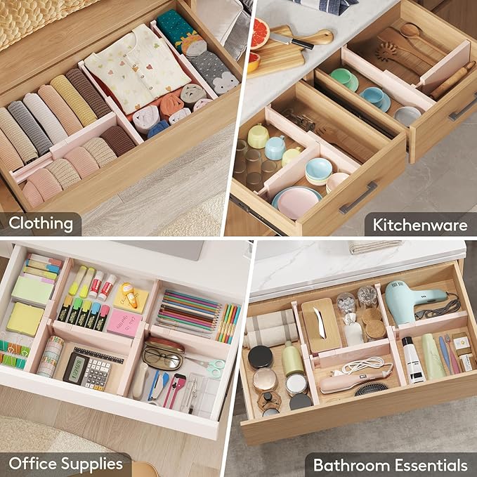 Lifewit 9 Pack Drawer Dividers 4" High, 11-17" Adjustable Drawer Organizers for Clothes, Expandable Dresser Separators in Bedroom/Bathroom/Kitchen/Fridge/Office Organization and Storage, Pink