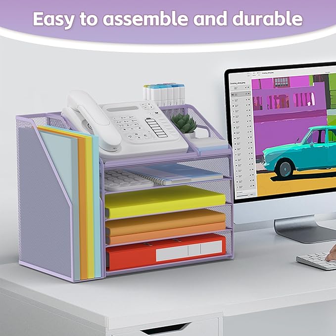 DocNest 5 Tier Paper Letter Tray File Organizer, Mesh Desk File with Handle, Workspace Desk Organizers with Pen Holder, Office Organization Storage Accessories - Purple