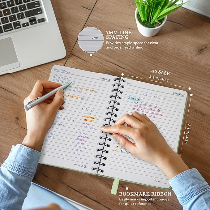 Lined Spiral Notebook Journal For Women & Men - A5 Notebook 170 Pages, Hardcover Journals for Writing & Note Taking, College Ruled Notebook for Work - Green