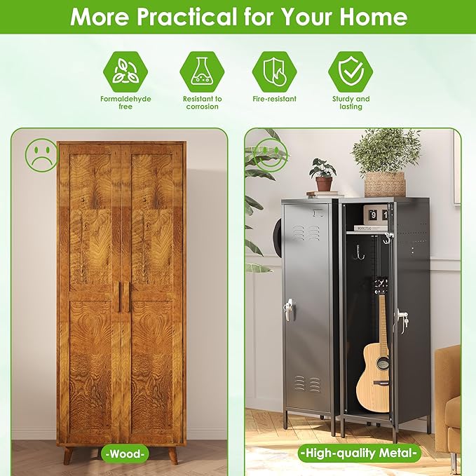 Aobabo Metal Storage Locker with Handle Lock, 54" H Steel Locker with Metal Hooks and Adjustable Shelf for School, Home, Office, Playroom, Assembly Required, Black