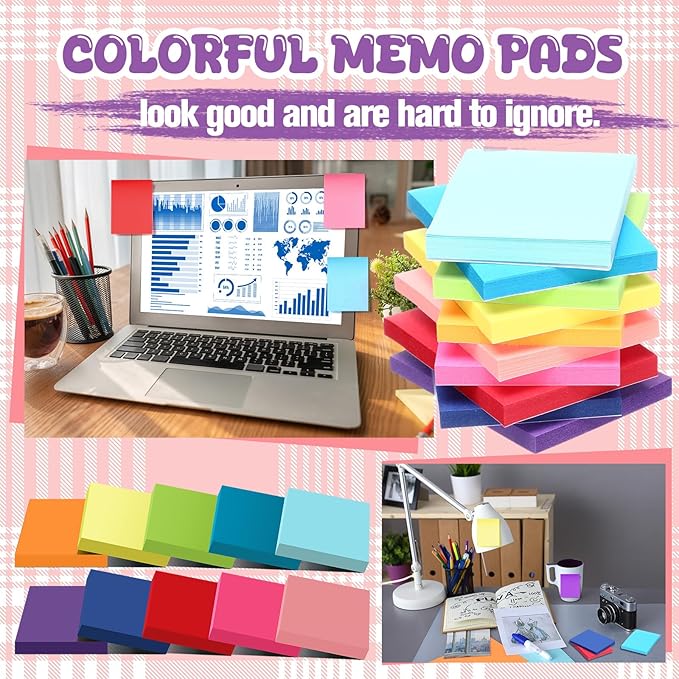 Zubebe 200 Pads Sticky Notes Bulk, Bright Colors Notepads Self Stick Note Square Memo Post Sticky for Office School, 45 Sheets/pad(1.5 × 2 Inch)