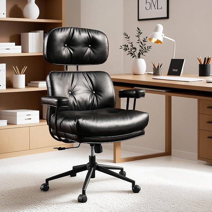 ovios Ergonomic Home Office Chair, Mid-Century Modern Faux Leather Chairs with Thickened Cushions, Comfy High Back Swivel Rolling Executive Computer Armchair (Black, PU Leather)