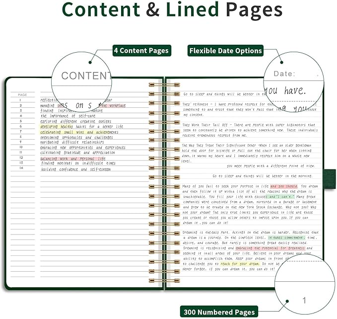 EMSHOI A4 Leather Hardcover Spiral Notebook College Ruled, 300 Numbered Pages, 100 GSM Thick Paper - Premium Lined Journal for Writing, Note-Taking, Work & Journaling; 8.27"x11.2", Dark Green