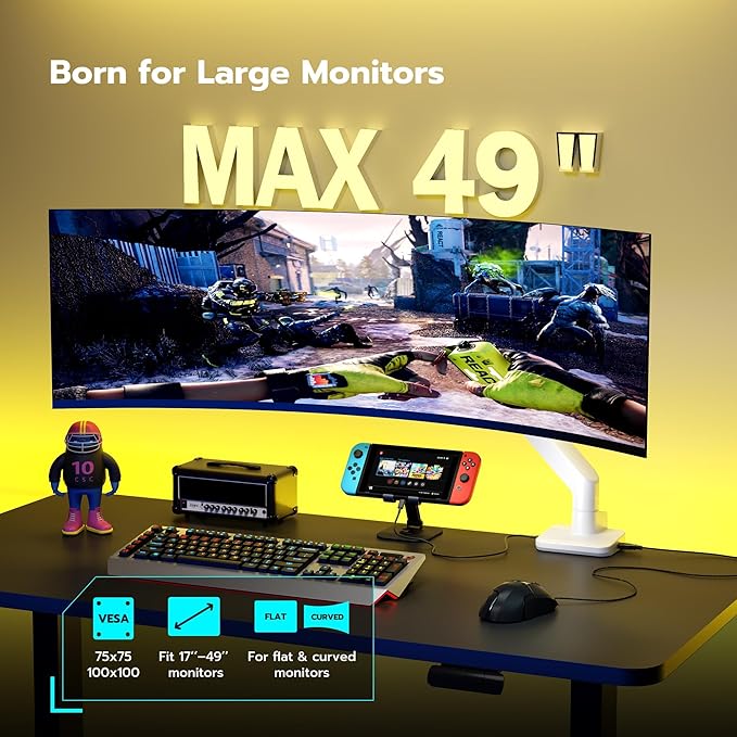 ARES WING Single Monitor Mount with USB A/C, Heavy Duty Monitor Arm for 17 to 49 inch Ultrawide Screen, Holds 44 lbs, Adjustable Gas Spring Arm Desk Mount with Clamp and Grommet Base, White