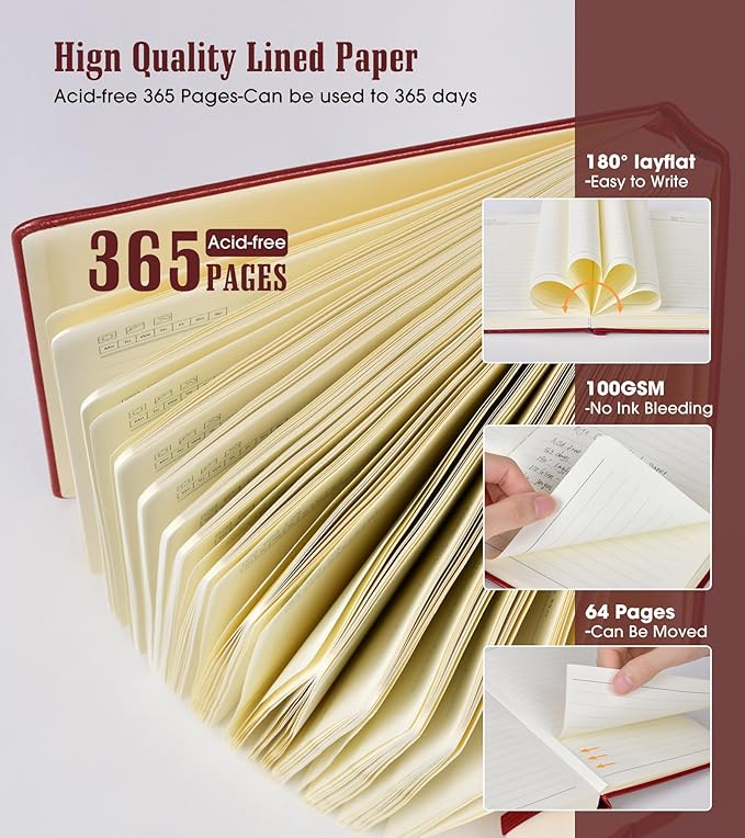 Lined Journal Notebook, 365 Pages B5 Large Journals for Writing College Ruled Notebook, Hardcover Leather Journal for Women Men, Daily Notebook for Work, Note Taking, 100Gsm Paper (7.6'' X 10'' Wine)