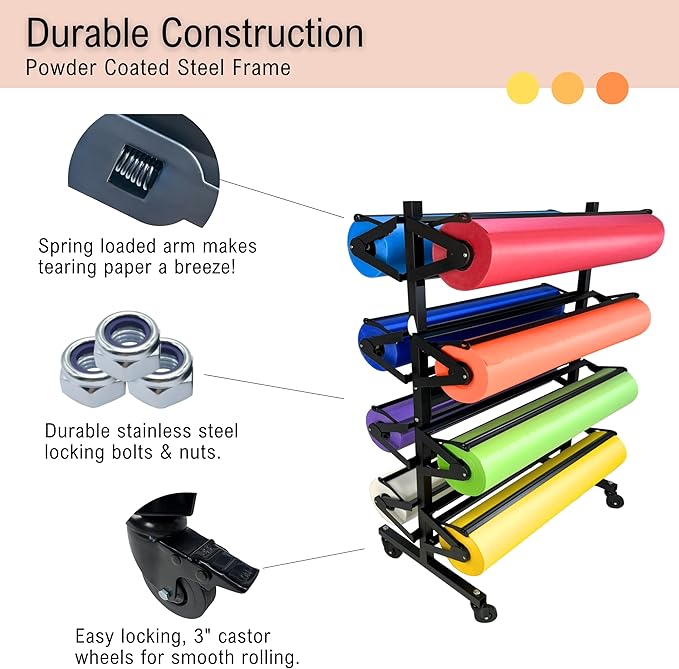 Paper Roll Holder, Dispenser Rack and Cutter - 8 Racks for Large, 36" Butcher, Craft, Gift Wrap & Art Kraft Rolls – Durable, Mobile Rolling Organizer with Ceramic Blade for Classroom, Studio & Retail