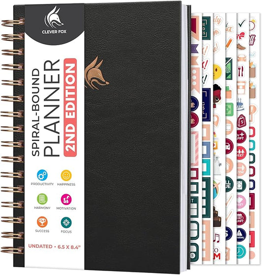 Clever Fox Planner 2nd Edition Spiral – Colorful Weekly & Monthly Goal Planner, Time Management & Productivity Organizer, Undated (Black)
