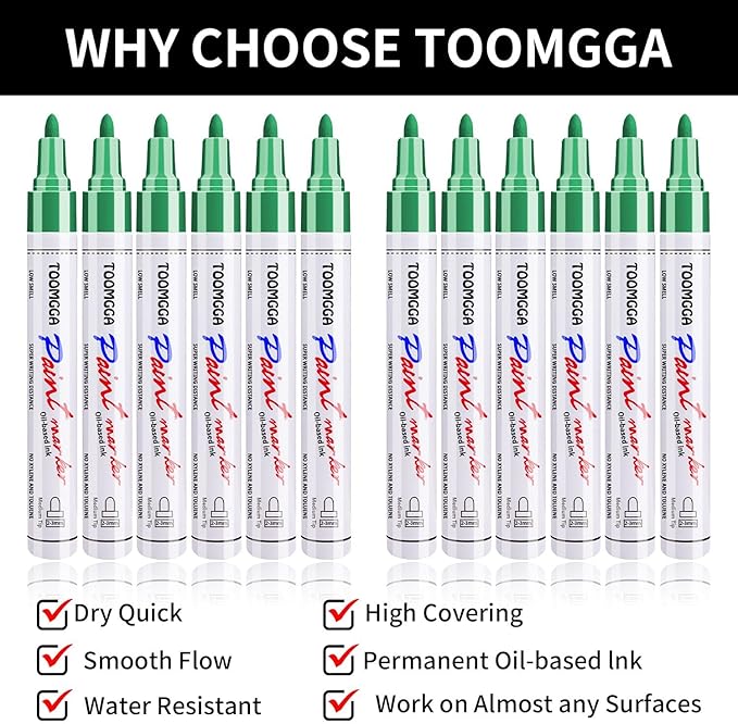 Green Permanent Paint Pens Paint Markers - 12 Pack Oil Based Markers, Quick Drying and Waterproof Marker Pen, Car Tire, Metal, Rock Painting, Wood, Fabric, Plastic, Canvas, Mugs