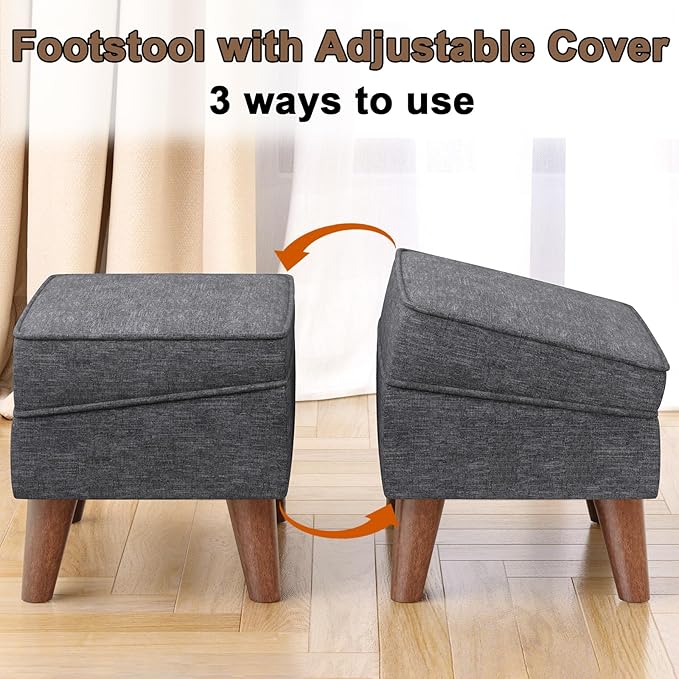 Small Footstool Ottoman with Storage, Ottoman Foot Rest, Modern Foot Stool with Adjustable Lid and Sturdy Wood Legs for Living Room, Bedroom, Couch, Enterway, Light Gray