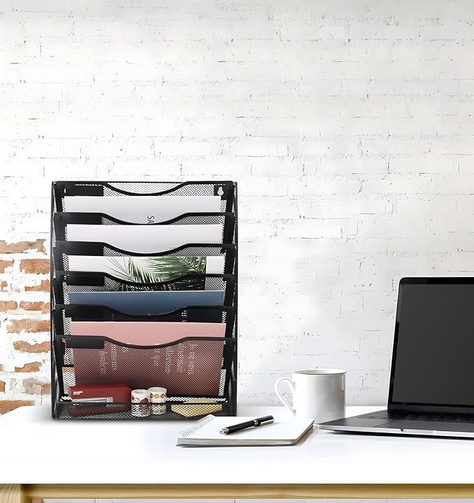 EasyPAG 7 Tier Wall File Holder with Flat Tray, Black | Easy Assemble Mesh Desk File Organizer | 6-Folder Paper Storage | Replaceable Classify Labels | Space Saving Mail Organizer for Office Home