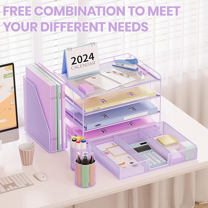 Desk Organizer and Accessories, 4-Tier Desktop File Organizer with Drawer and 2 Pen Holders, Office Desk Accessories for Office Supplies(Purple)