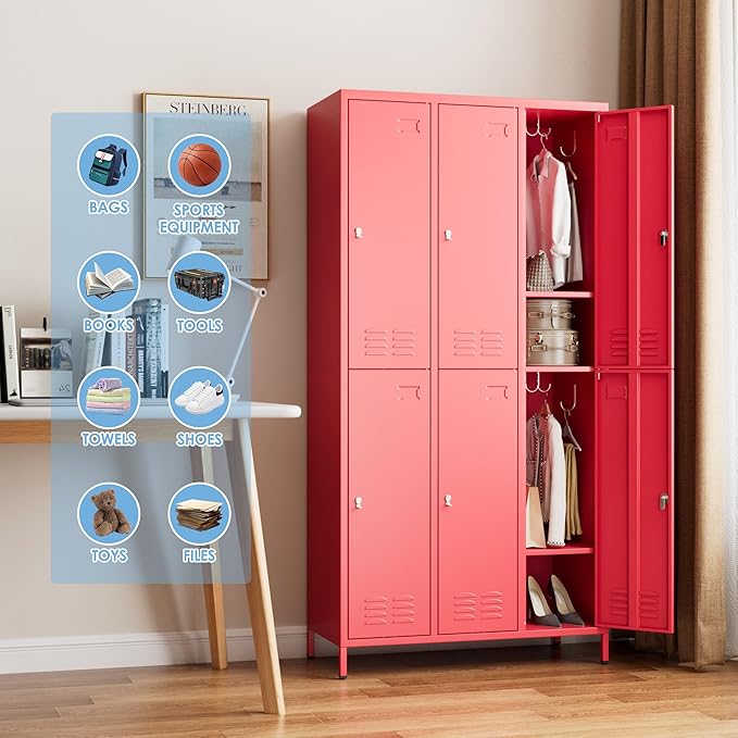 6 Doors Metal Locker with Business Card Holder and 18 Hooks,Metal Locker for Employees with Ventilation Holes for School Garage Office Gym Home,Assembly Required,Red