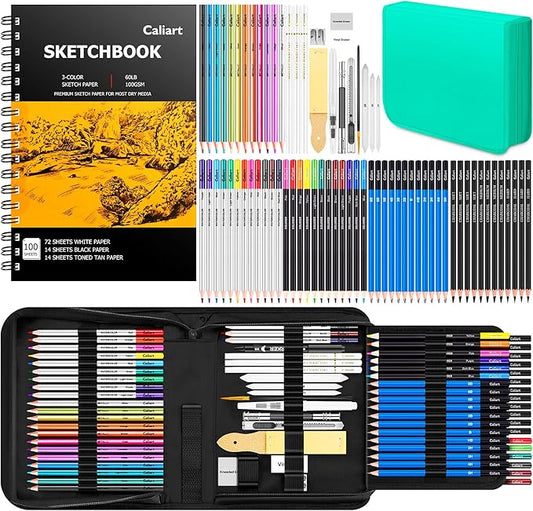 Caliart 176PCS Art Supplies Sketching Kit with 100 Sheets 3-Color Sketch Book, Graphite Colored Charcoal Watercolor & Metallic Pencils, School Supplies Gifts for Artists Adults Teens Girls Boys Kids