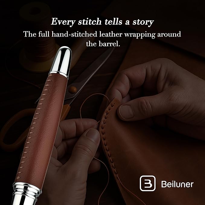 BEILUNER 318 Luxury Leather Pen, Hand-Stitched Premium Leather, Chrome-Plated Finish, Schmidt Ink Refill, Fancy Rollerball Pen Gift Set for Men & Women, Executive Writing, Nice Designer pen
