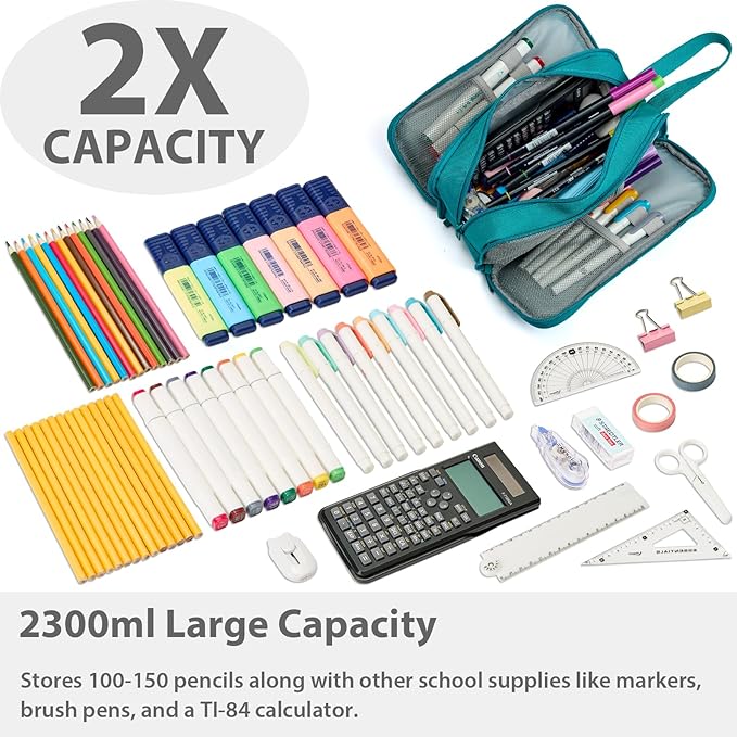 Pencil Case Pouch Box Bag School Supplies Girls Boys Kids, Cute Preppy Stuff Big Capacity Aesthetic Pen Organizer, Back to College Stationary, Teal, Extra Large Style, 2300ml