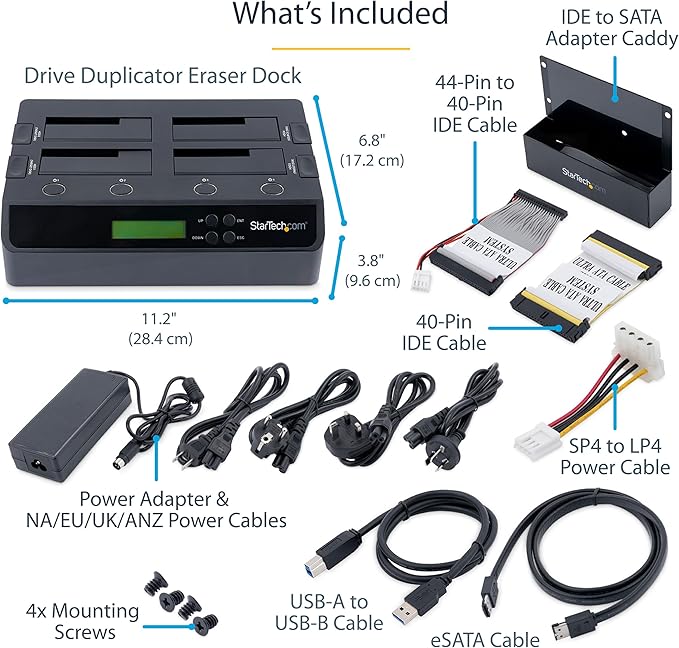StarTech.com 4-Bay Hard Drive Duplicator and Eraser, External Standalone 1:3 HDD/SSD Cloner/Copier, USB 3.0 / eSATA to SATA Docking Station, Hard Disk Copier / Sanitizer / Wiper Tool (SATDOCK4U3RE)