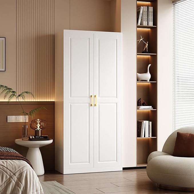 Metal Armoire Wardrobe Closet with Doors and Shelves, 71" Tall Freestanding Wardrobe Cabinet for Hanging Clothes, Large Closet with Hanging Rod for Bedroom, White, Assemble Required