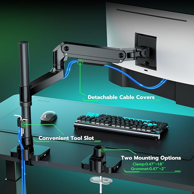 ARES WING Ultrawide Monitor Mount with USB A/C, with Extended Column for 17 to 49 inch Heavy Duty Monitor, Holds 44 lbs, Adjustable Gas Spring Desk Mount, Black