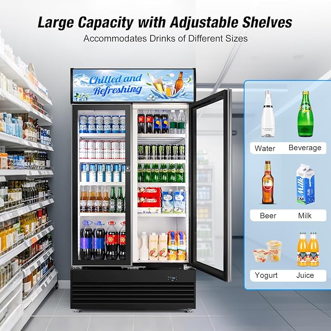 Commercial Beverage Refrigerator, 40 Inch 35 Cu.Ft. Commercial Drink Fridge, Display Refrigerator with Double Glass Door, Commercial Display Fridge with 8 Adjustable Shelves, for Shop,Restaurant,Bar
