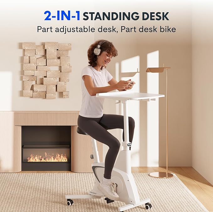 FLEXISPOT 3-in-1 Small Standing Desk Adjustable Height Movable Rolling Desks Laptop Desks Workstation with Integrated Pedal Exerciser Wide Seat, Desk for Home Office Corner Small Space, White