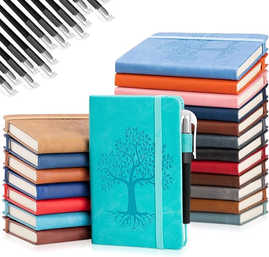 Estune Tree Small Notebooks Pen Leather Lined Pocket Subject Notebooks Hardcover Pocket Notepad Cute Ruled Leather Journals with Pen Holder for Men Women School Business, A6(Classic Color,20 Set)