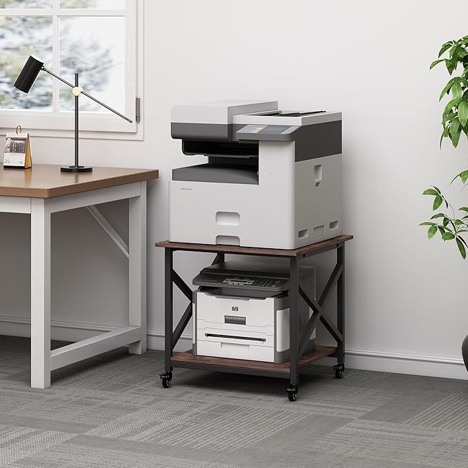 Large Printer Stand, 23.6 x 23.6 x 22.6 Inches Square Printer Table with Storage Shelf, 2 Tier Rolling Printer Cart with Industrial Wheels for Home Office - Rustic Brown
