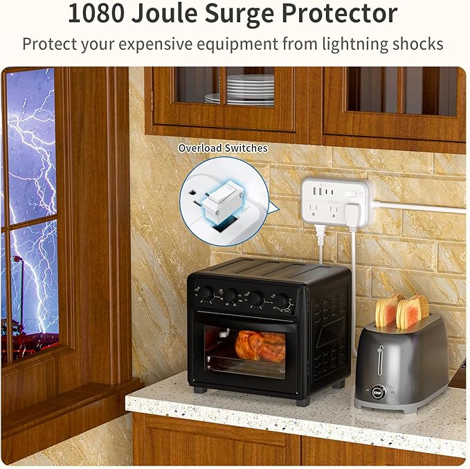 NTONPOWER 10FT Extension Cord with Surge Protector, 2 Prong to 3 Prong Adapter, 1875W Power Strip with 4 USB Ports (2 USB C), Wall Mount Flat Plug Extension Cord for Old House