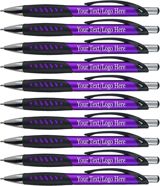 SyPen Promotional Pens With your Custom Logo or Text-300 Pack Bulk-for Businesses, Parties, and Events, Custom Printed Metallic/Colored Click Action Ballpoint Pens, Rubber Grip, Black Ink, Purple