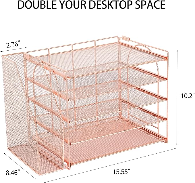 AUPSEN Rose Gold Desk Accessories Organizer,5-Tier Desktop Paper File Organizer with Adjustable File Holder, Office Desk Accessories for Office Supplies