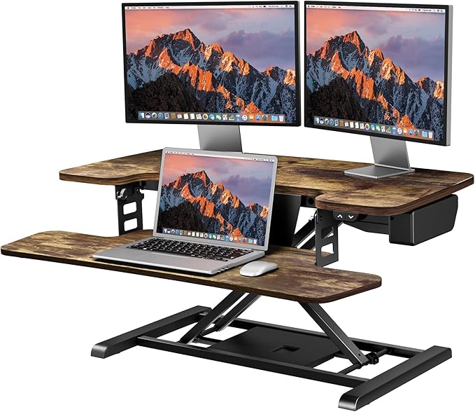 SANODESK Standing Desk Converter with Electric Motor 35" Height Adjustable Desk Riser for Office Home,Monitor and Laptop Workstation with Large Keyboard Tray,Rustic Color