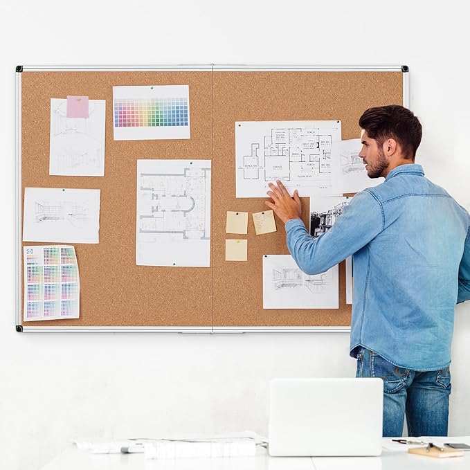 Board2by Cork Board Bulletin Board 36 x 48, Silver Aluminium Framed 4x3 Corkboard, Foldable Office Board for Wall, Large Wall Mounted Notice Pin Board with 36 Push Pins for School, Home & Office
