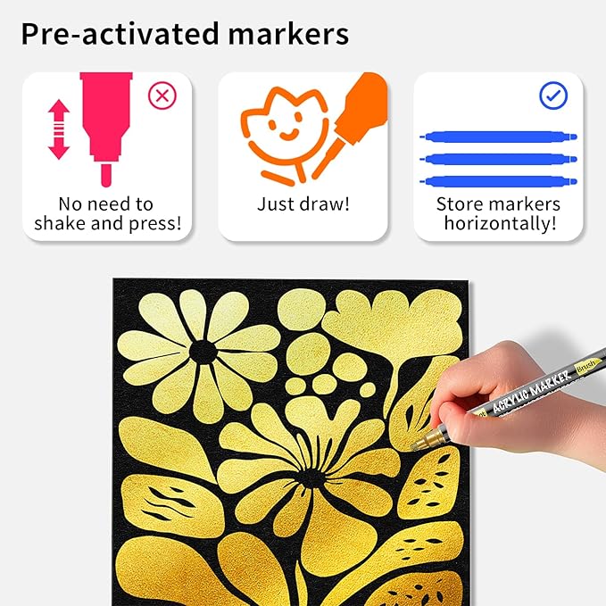 NAWOD 3 Gold Acrylic Paint Pens Markers, Dual Tip (Dot Tip + Brush Tip), for Rock Painting Fabric Canvas Glass Wood Ceramic Paper Eggs, Fabric Marker Ideal for Labeling DIY Crafts Art Projects