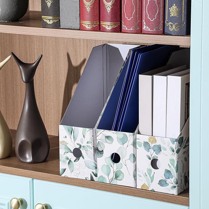 PerKoop 12 Pcs Magazine File Holder Foldable Decorative Cardboard File Folders 6 Patterns Floral Colored Magazine Rack with Printable Sticker Labels for School Office Home Desk (Eucalyptus Leaves)