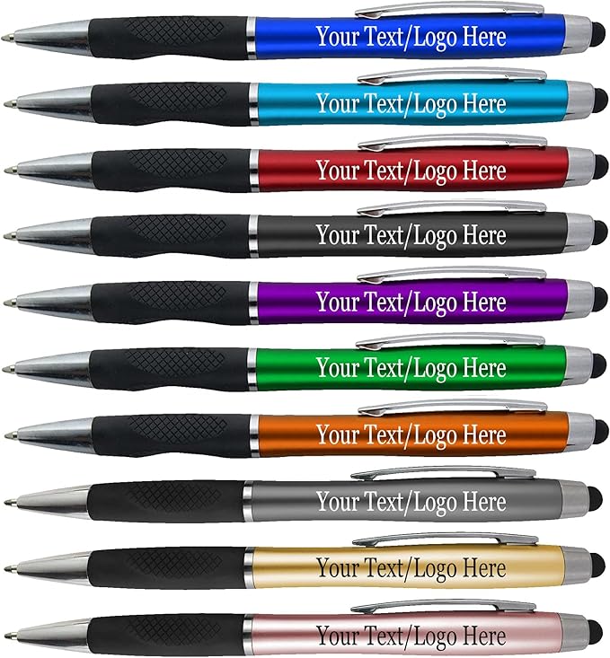 Personalized Pens With your Custom Logo or Text-300 Pack Bulk-for Businesses, Parties, and Events, 2 in 1 Ballpoint Pen + Capacitive Stylus for Touchscreen Devices, Light Assorted Barrels, Blue Ink
