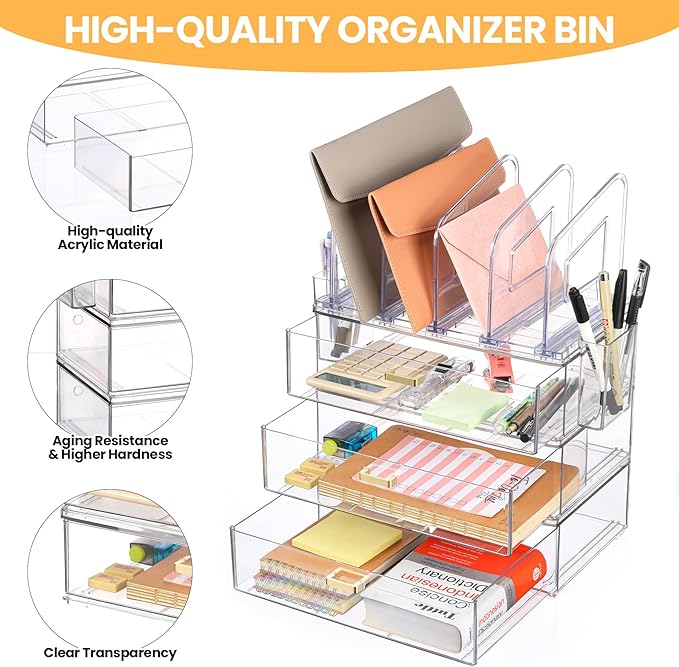 Acrylic Desk Organizer Set, 3 Pack Stackable Desktop Drawer Organizer with 4 Vertical File Holders and 2 Pen Holders, Desk Organizers and Accessories for Home Office Storage