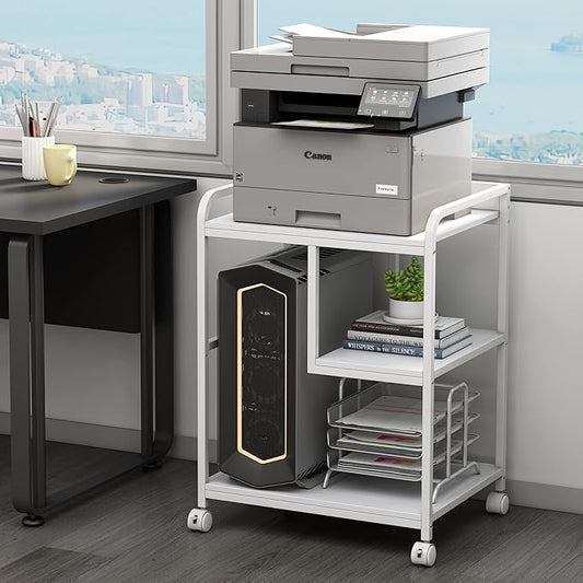 Large Printer Stand Table with Storage Shelf for Host Computer, PC Tower, CPU and Shredder, 3 Tier Rolling Printer Cart with Wheels for Home Office Storage and Organization - White