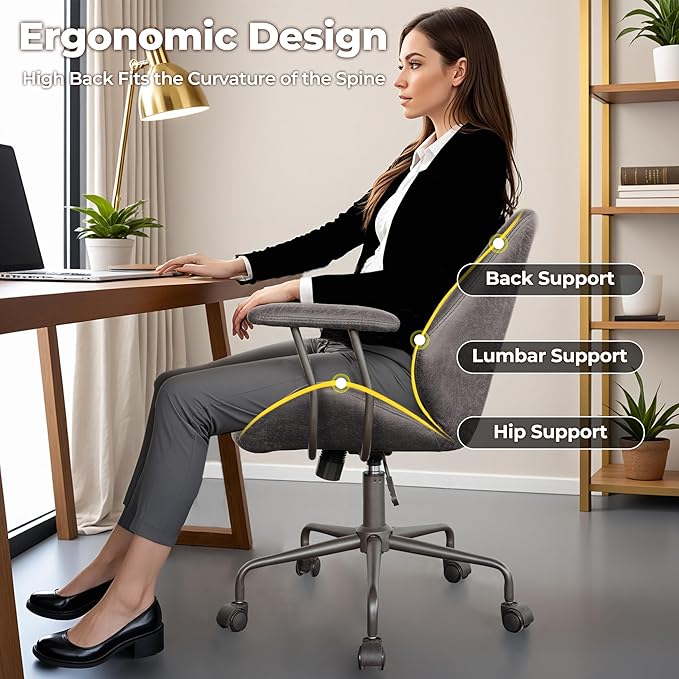 ovios Ergonomic Home Office Chair, Mid-Century Modern Faux Leather Chairs with Padded Armrests, Comfy Mid Back Swivel Rolling Executive Computer Armchair (Dark Grey, Suede Leather)