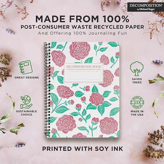 Decomposition Camellias College Ruled Spiral Notebooks – 9.75 x 7.5 Journal with 160 Lined Pages – Cute Notebooks for School Supplies, Home & Office – 100% Recycled Paper – Made in USA