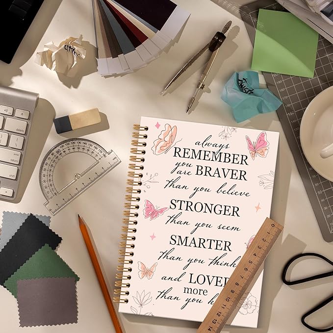 OINDADE Motivational Butterfly Notebook Journal, Inspirational Gifts Pink Spiral Notebook, You are Brave Motivational Notebooks Gifts for Women Girls, Positive Gifts School Office Supplies, 6x8.2In